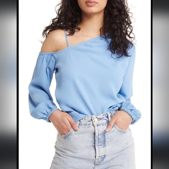 OPEN EDIT Women's NWT Pleated Asymmetric Top in Blue Lake | Size S - Picture 1 of 10